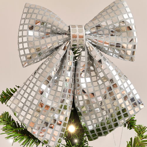 Large Silver Mirrored Disco Detailed Decorative Christmas Bow - 24cm