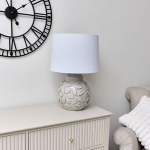 Large Taupe Grey Leaf Patterned Ceramic Table Lamp with White Shade