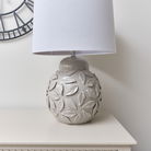 Large Taupe Grey Leaf Patterned Ceramic Table Lamp with White Shade