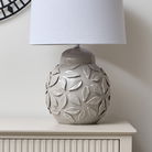Large Taupe Grey Leaf Patterned Ceramic Table Lamp with White Shade