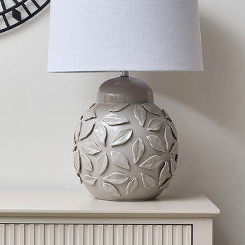 Large Taupe Grey Leaf Patterned Ceramic Table Lamp with White Shade