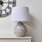 Large Taupe Grey Leaf Patterned Ceramic Table Lamp with White Shade