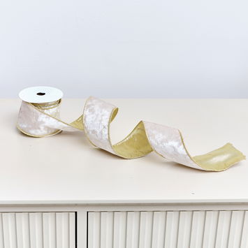 Large White & Gold Shiny Velvet Wired Ribbon Garland - 270cm