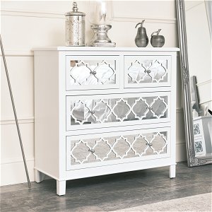 Large White Mirrored Lattice Chest of Drawers, Console / Dressing Table & Pair of Bedside Tables - Sabrina White Range