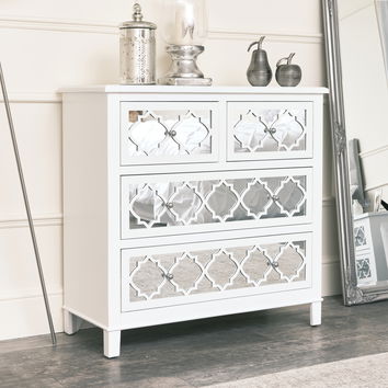 Large White Mirrored Chest of Drawers, Console / Dressing Table & Pair of Bedside Tables - Sabrina White Range