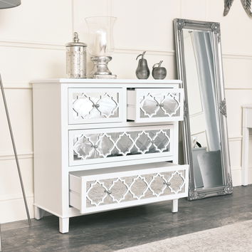 Large White Mirrored Chest of Drawers, Console / Dressing Table & Pair of Bedside Tables - Sabrina White Range