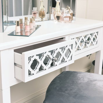 Large White Mirrored Chest of Drawers, Console / Dressing Table & Pair of Bedside Tables - Sabrina White Range