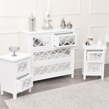 Large White Mirrored Chest of Drawers & Pair of Bedside Tables - Sabrina White Range