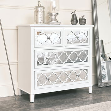 Large White Mirrored Chest of Drawers & Pair of Bedside Tables - Sabrina White Range