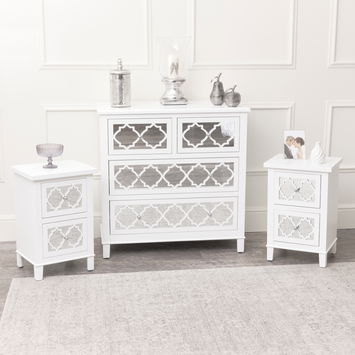 Large White Mirrored Chest of Drawers & Pair of Bedside Tables - Sabrina White Range