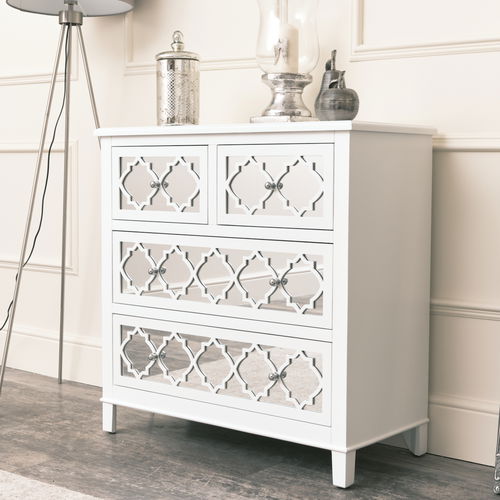 Large White Mirrored Lattice Chest of Drawers - Sabrina White Range