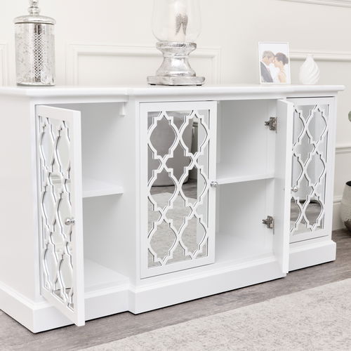 Large White Mirrored Lattice Sideboard - Sabrina White Range - DAMAGED SECOND