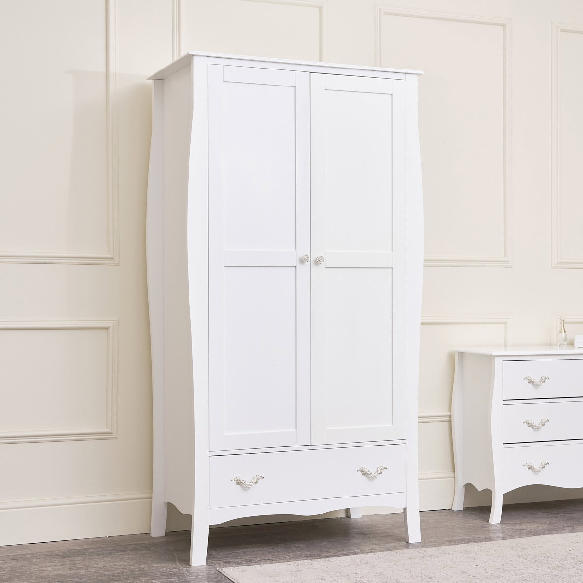 Large White Wardrobe, Chest of Drawers & Pair of Bedside Tables