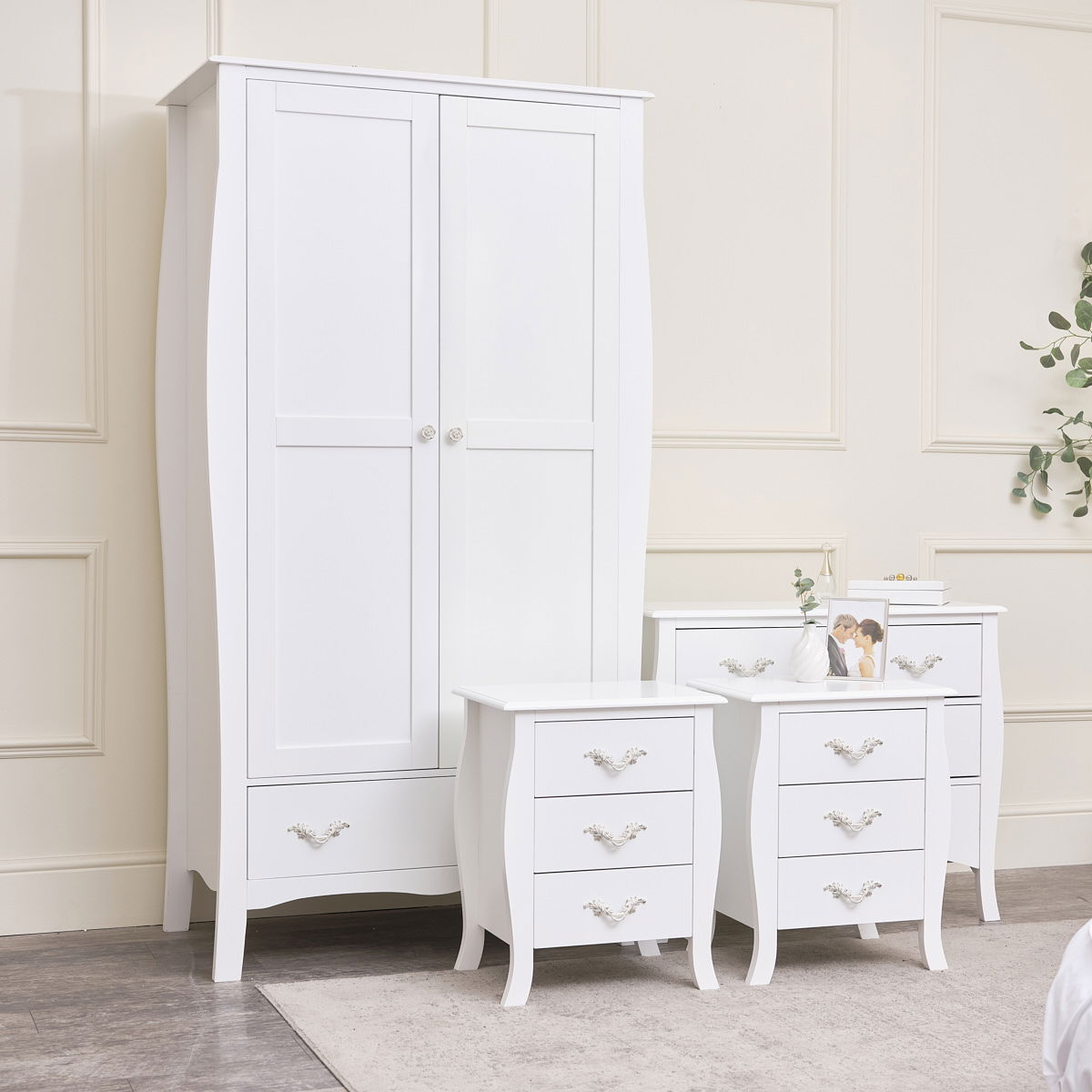 Large White Wardrobe, Chest of Drawers & Pair of Bedside Tables