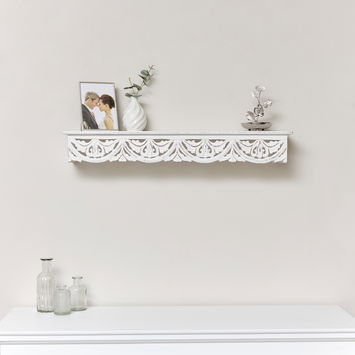 Large White Wooden Carved Boho Wall Shelf - 81cm