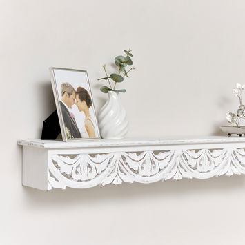 Large White Wooden Carved Boho Wall Shelf - 81cm