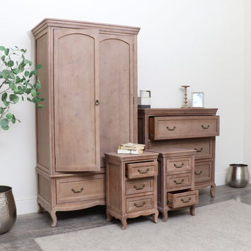 Large Wooden Wardrobe, Wooden 4 Drawer Chest Of Drawers & Pair of Wooden 3 Drawer Bedside Table - Hessian Range