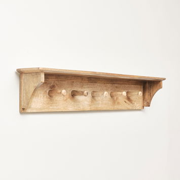 Mango Wood Wall Shelf with Hooks