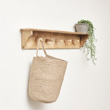 Mango Wood Wall Shelf with Hooks