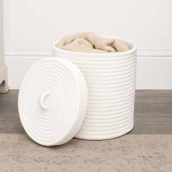 Medium White Cotton Rope Lidded Storage Basket - 27.5cm