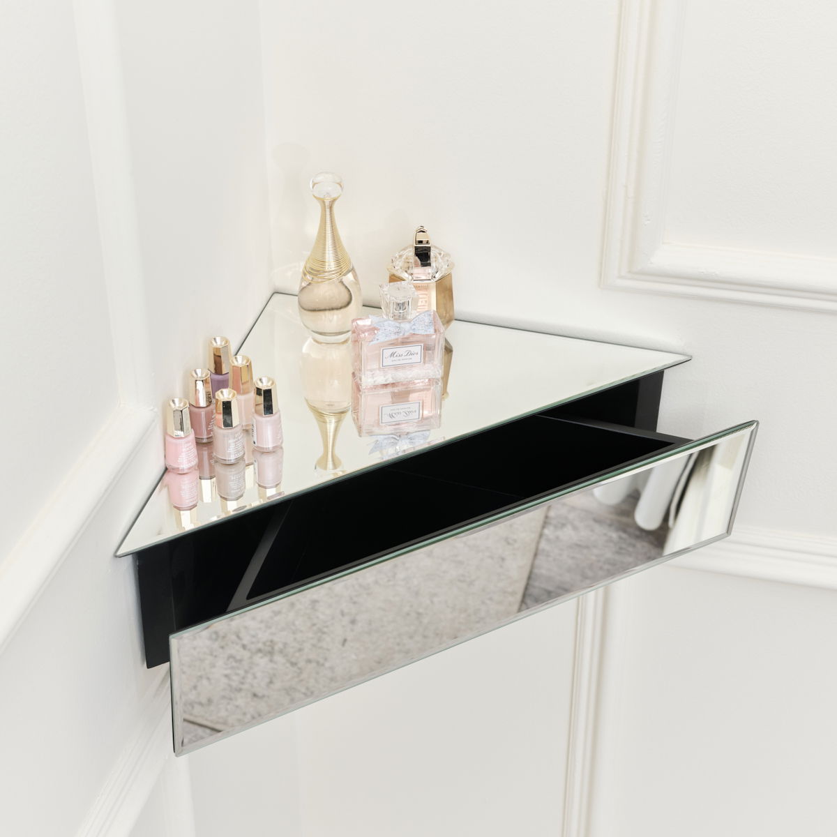 Mirrored Floating One Drawer Corner Shelf / Dressing Table Melody Maison