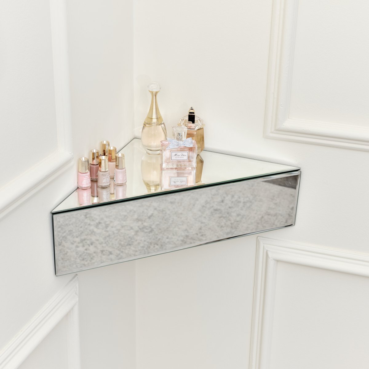 Mirrored Floating One Drawer Corner Shelf / Dressing Table