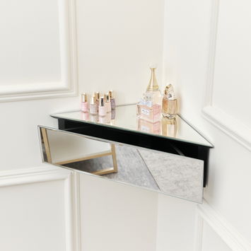 Mirrored Floating One Drawer Corner Shelf