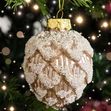 Neutral Sequin Frosted Pine Cone Bauble Decoration - 8cm