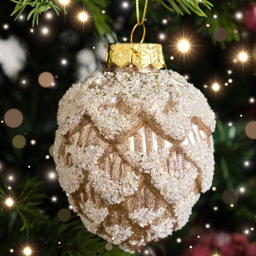Neutral Sequin Frosted Pine Cone Bauble Decoration - 8cm