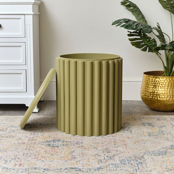 Olive Green Wooden Fluted Storage Stool / Side Table