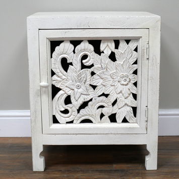 One Cupboard White Floral Bedside Table