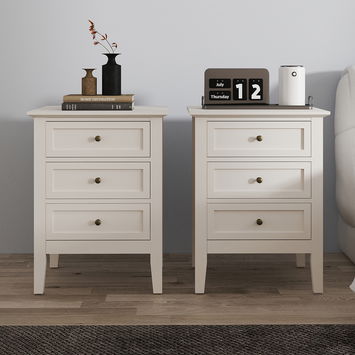 Pair of 3 Drawer Bedside Table - Rowley Pale Cream Range