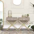 Pair of Beige Linen & Gold Cross Leg Bedside/Side Table