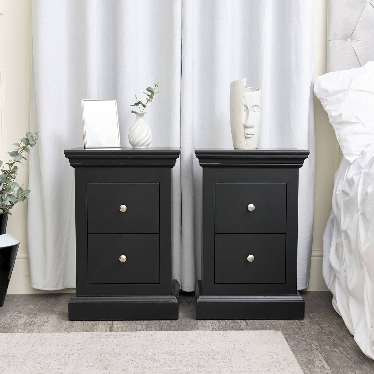 Pair of Black 2 Drawer Bedside Tables Slimline Haxey Black Range