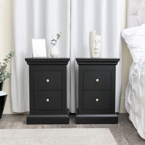 Pair of Black 2 Drawer Bedside Tables - Slimline Haxey Black Range