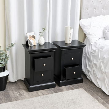 Pair of Black 2 Drawer Bedside Tables - Slimline Haxey Black Range