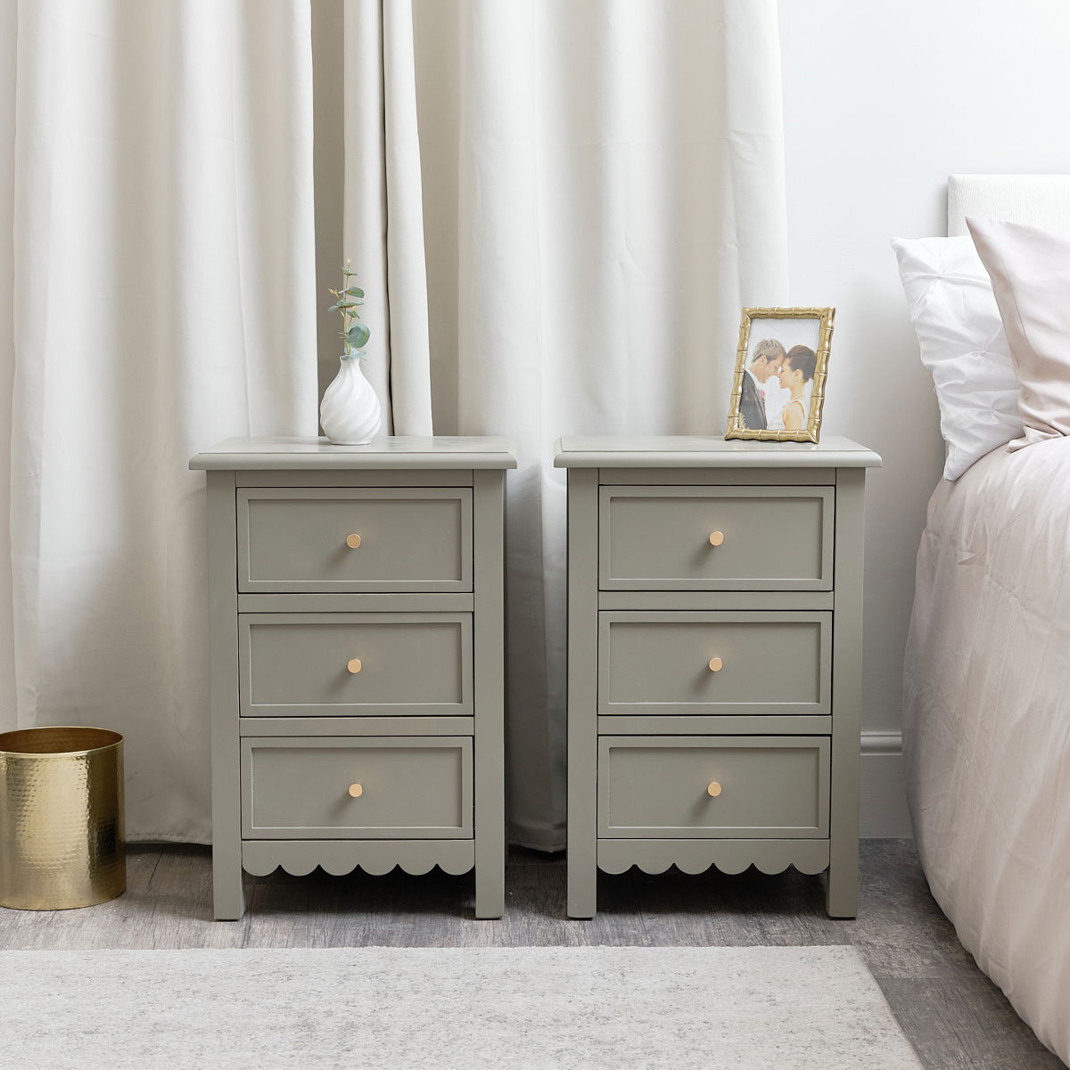 Pair of Scalloped 3 Drawer Bedside Tables Staunton Taupe Range