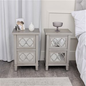 Pair of Silver Mirrored Lattice Bedside Tables - Sabrina Silver Range