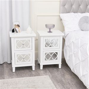 Pair of White Mirrored Lattice Bedside Tables - Sabrina White Range