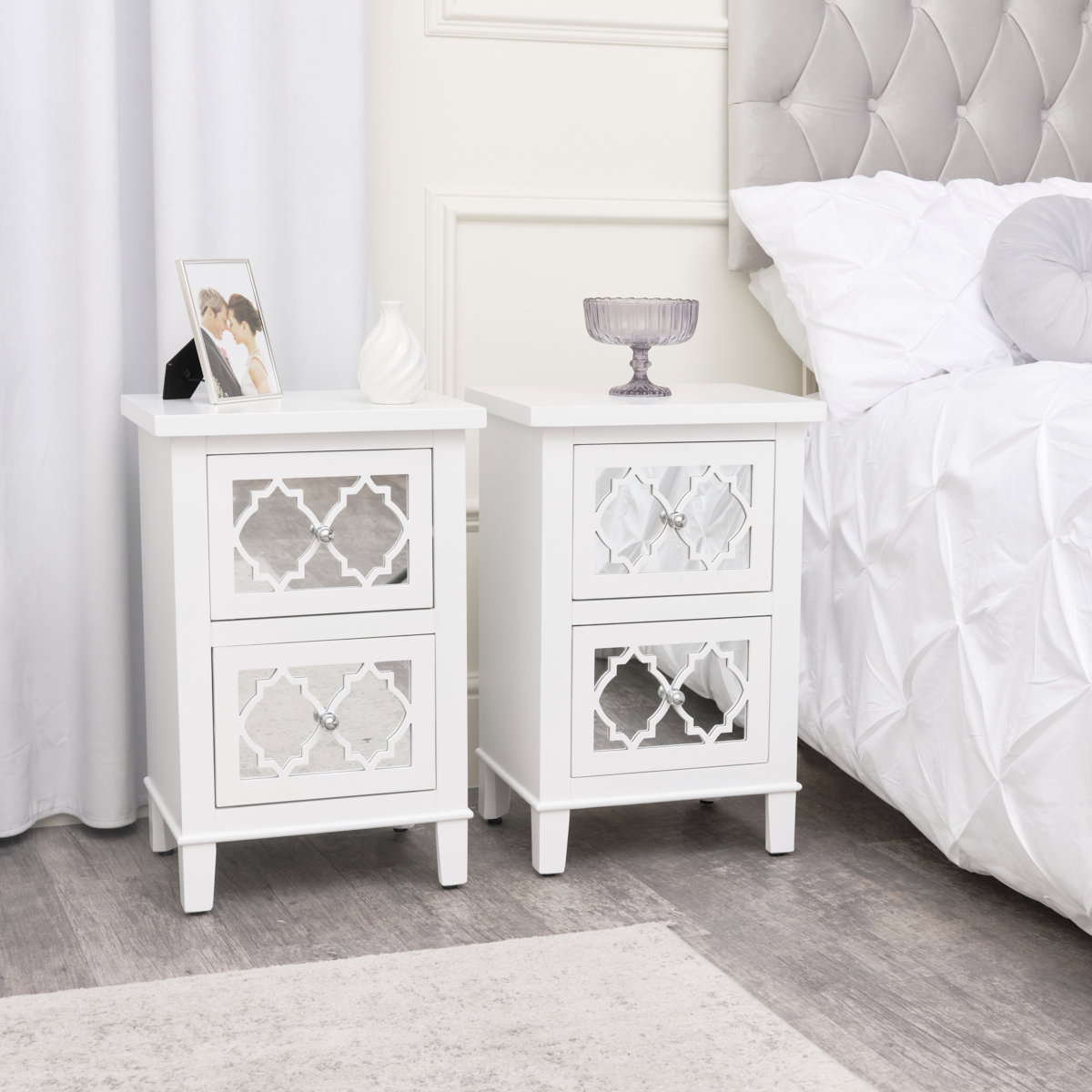 Pair of White Mirrored Lattice Bedside Tables Sabrina White Range