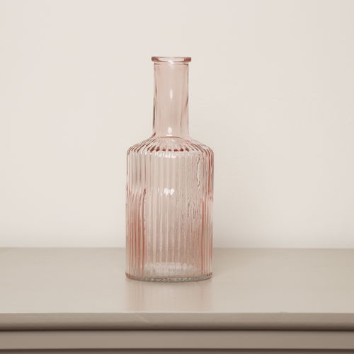 Pale Pink Ribbed Glass Bottle Vase - 20cm