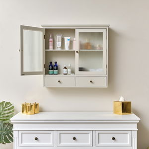 Pale Taupe Reeded Glass Wall Cabinet with Drawers