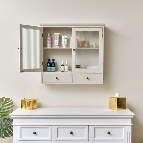 Pale Taupe Reeded Glass Wall Cabinet with Drawers