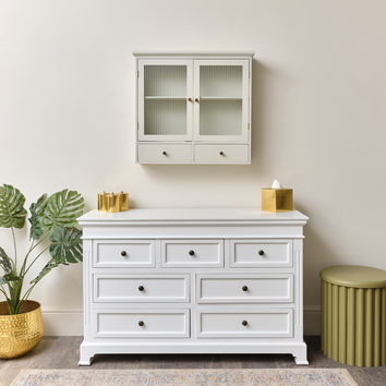 Pale Taupe Reeded Glass Wall Cabinet with Drawers