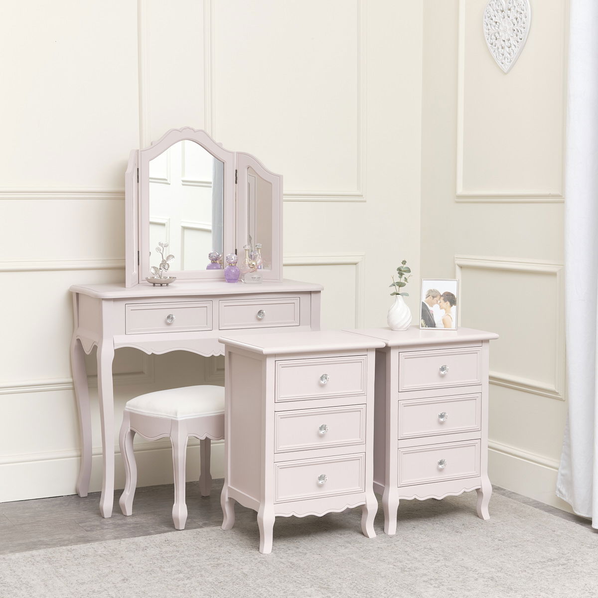 Pink Dressing Table, Mirror, Stool & Pair Bedside Tables Victoria