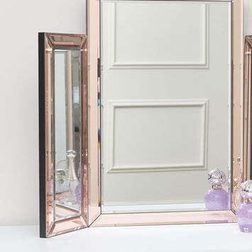 Pink Glass Art Deco Rectangle Triple Mirror 74cm x 55cm