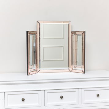 Pink Glass Art Deco Rectangle Triple Mirror 74cm x 55cm