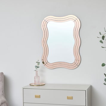 Pink Glass Art Deco Wavy Wall Mirror - 80cm x 60cm