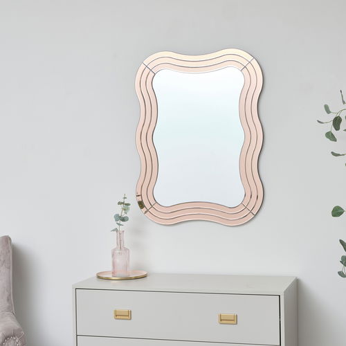 Pink Glass Art Deco Wavy Wall Mirror - 80cm x 60cm