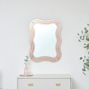 Pink Glass Art Deco Wavy Wall Mirror - 80cm x 60cm